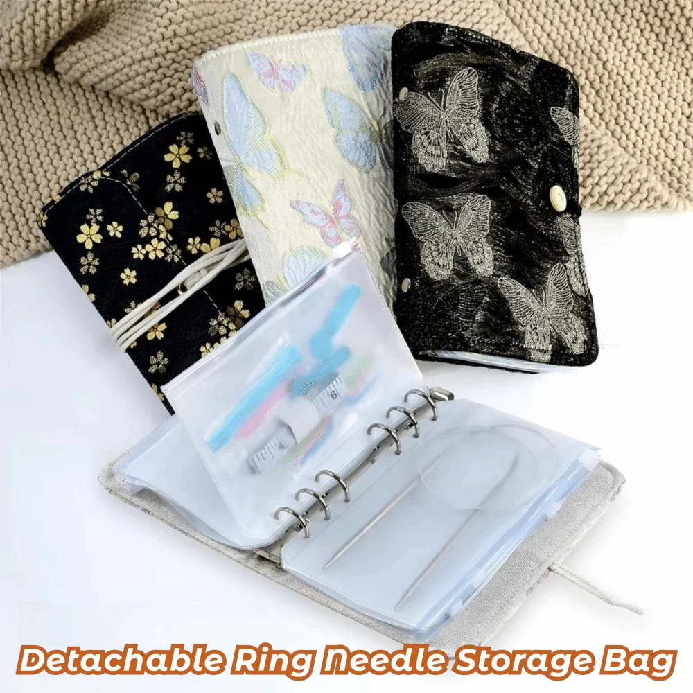 Zippered Binder Pocket Detachable Ring Needle Storage Bag 6 Hole PVC 12 Zippered Pocket Knitting Needle Case