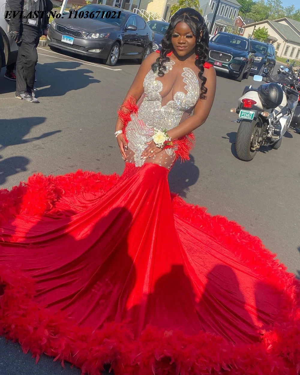 EVLAST Customized Red Feather Mermaid Long Prom Dress For Black Girls Silver Crystal Beads Party Gala Gown Robes De Soirée P123