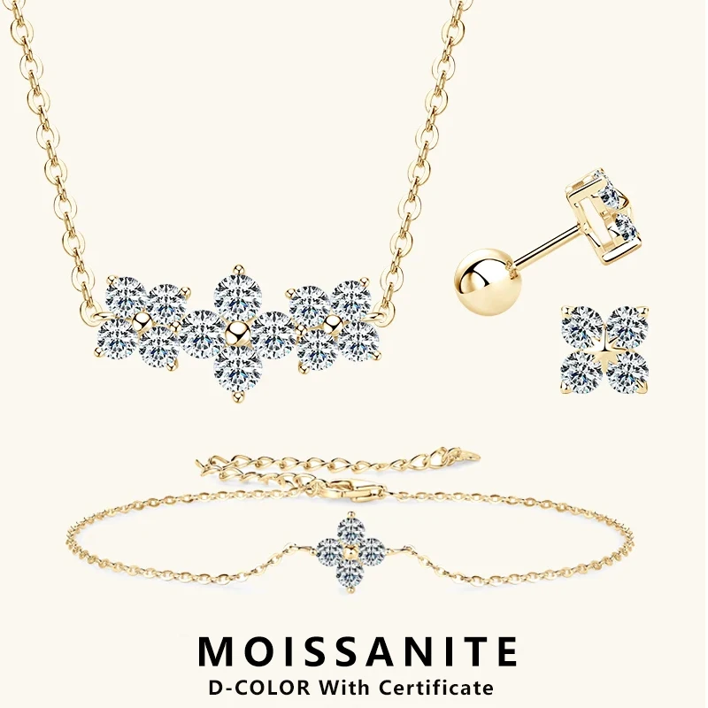 

Lnngy 4 шт./компл. четырехлистный клевер браслет из муассанита кулон ожерелье стерлингового серебра 925 пробы серьги-гвоздики комплект ювелирных изделий для женщин