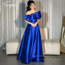 SSYTENS Royal Blue Evening Dresses For Women Bowknot Arabic Formal Prom Gown Simple Satin Elegant Graduation Dress Occasion Gown