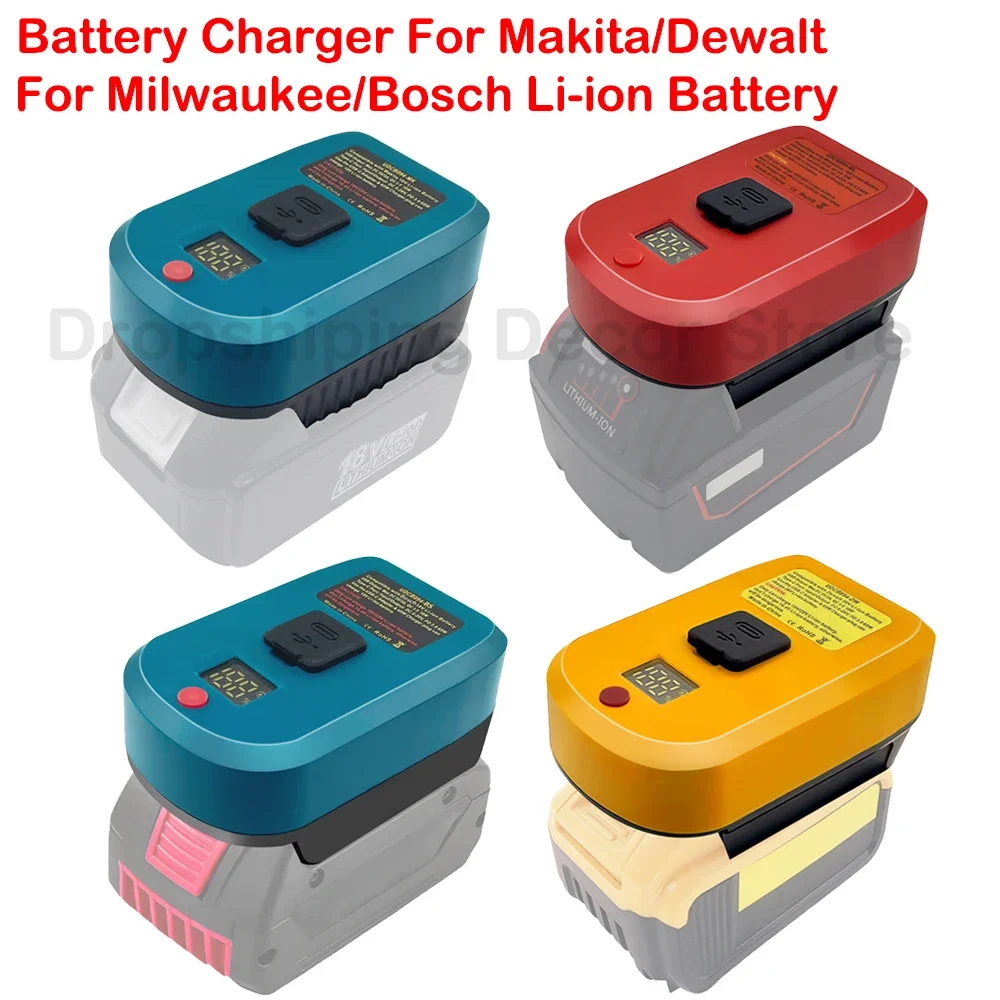 For Makita/Dewalt/Milwaukee/Bosch 18V Li-ion Battery Battery Adapter Charger With USB Type-C Input Output Charger Display Screen