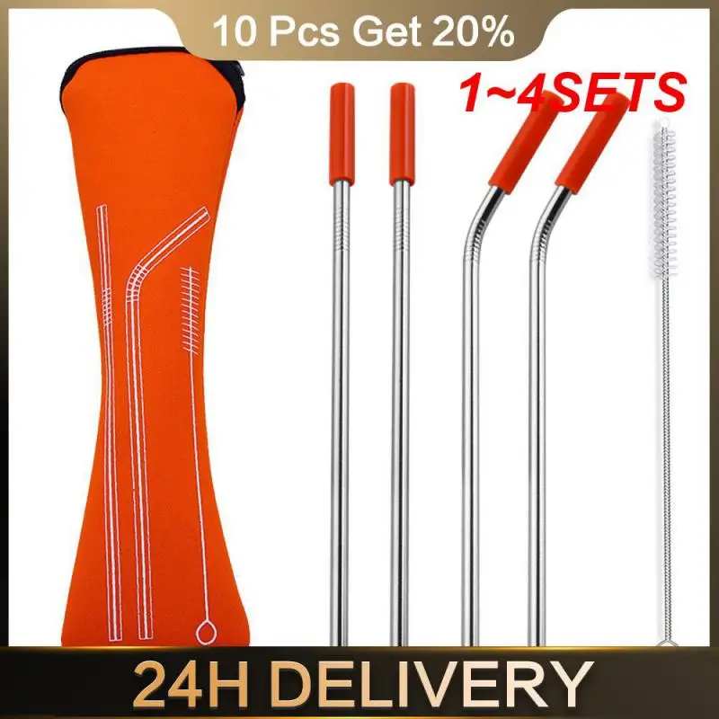 1~4SETS Scratch-proof Durable Hygienic Stainless Steel Drinking Straw Metal Straw Silicone-tipped Metal Straws Must-have