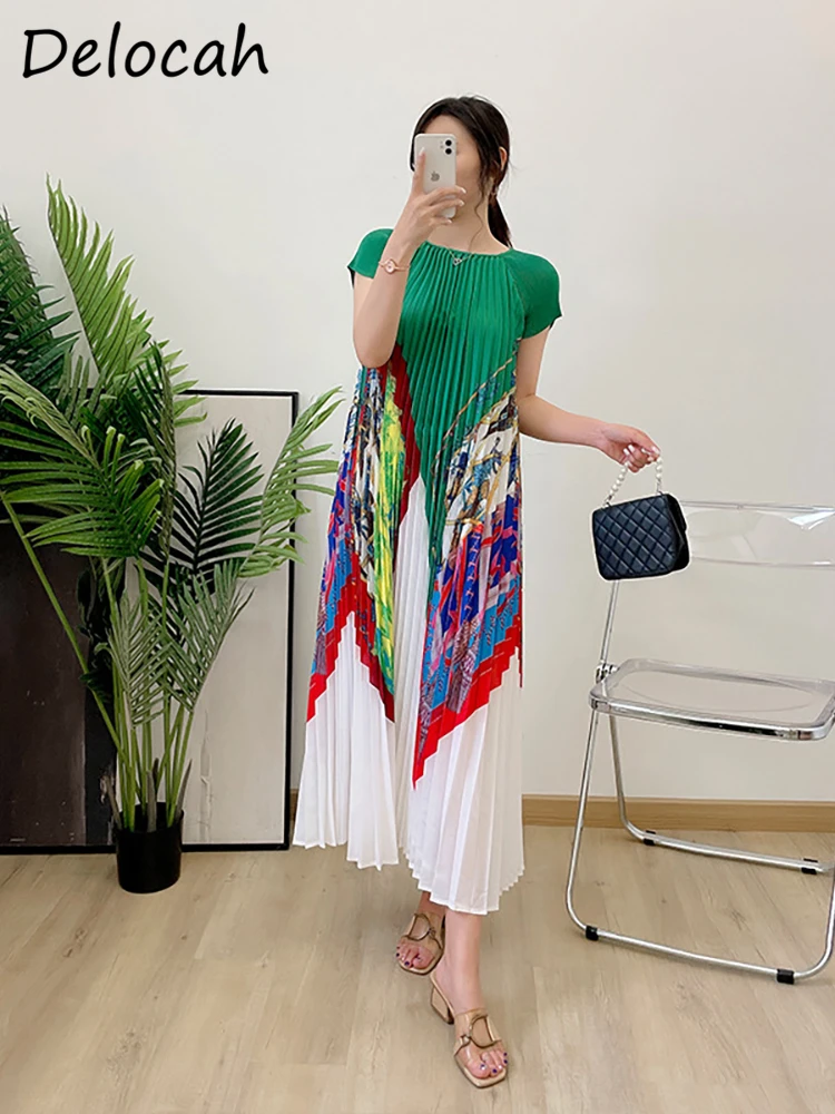 

Delocah High Quality Autumn Women Fashion Runway Pleated Dress Short Sleeve Big Swing Colorblock Printed Elegant Party Dresses