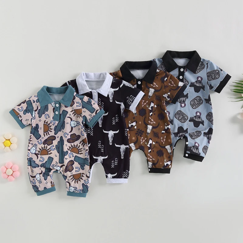 0-18 Months Baby Boys Jumpsuit Bull Head Print Short Sleeve Turndown Collar Rompers for Newborn Baby Summer Casual Clothing