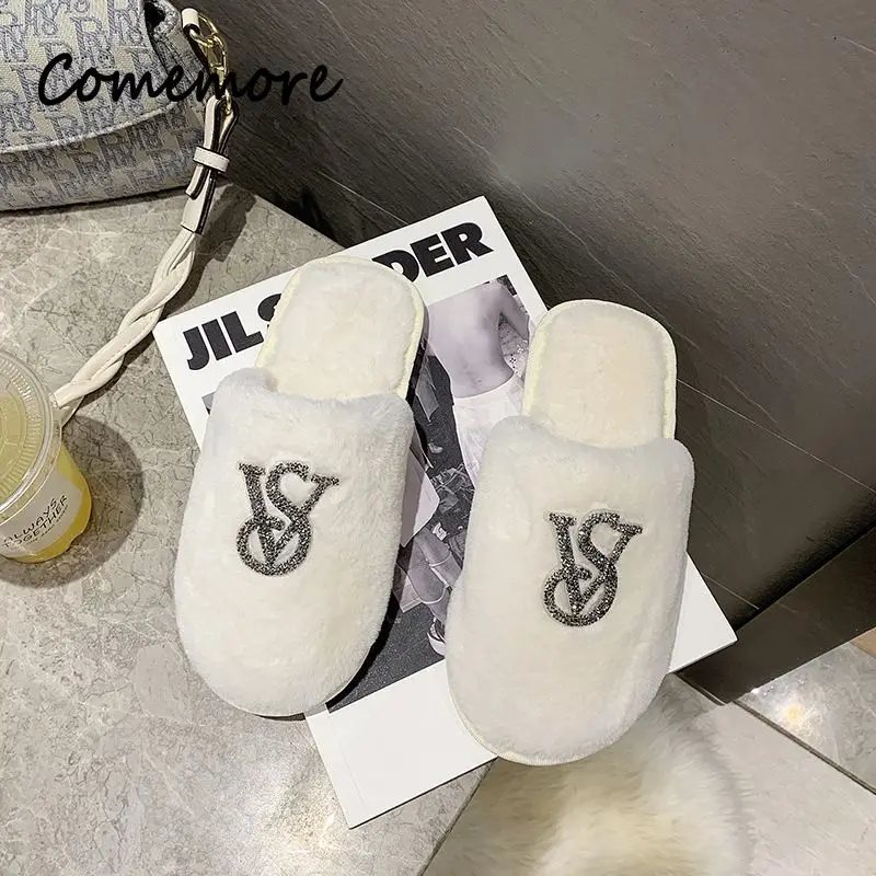 White Slippers Women House Warm Slippers Women Winter Crystal Fur Home Shoes For Women Casual Plush Comfortable Casual