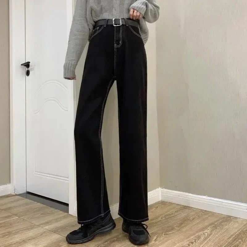 

2025 женские винтажные повседневные черные джинсы с высокой талией, женские шикарные облегающие широкие брюки для девочек, классические корейские прямые джинсовые брюки