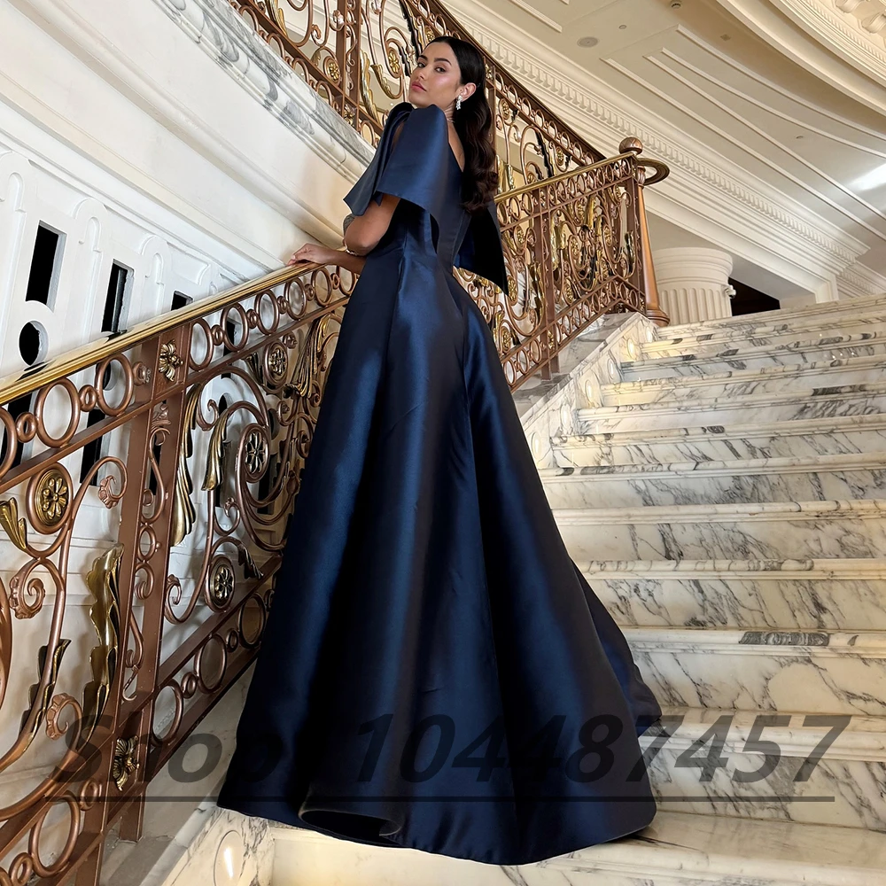 Customized Scoop Neckline Navy Blue Satin A-line Evening Dress Short Sleeves Draped Backless Floor Length Party Prom Gown