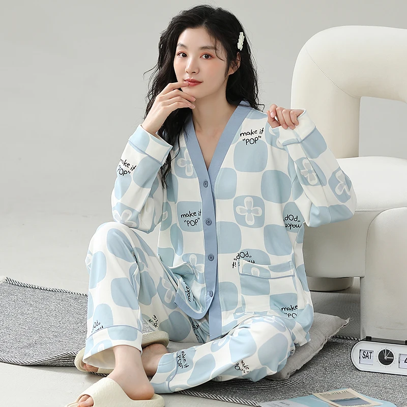 Blue Plaid Pajama Women Cute Kawaii Sweet Long Sleeves Long Pants Autumn Winter Soft Sleepwear Cozy Pyjamas Girl Pijamas Lady Pj