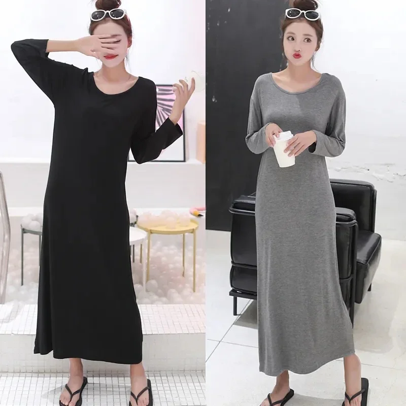 2211-10Korean women's modal long skirt, long sleeves, long loose dress, plus size pajamas