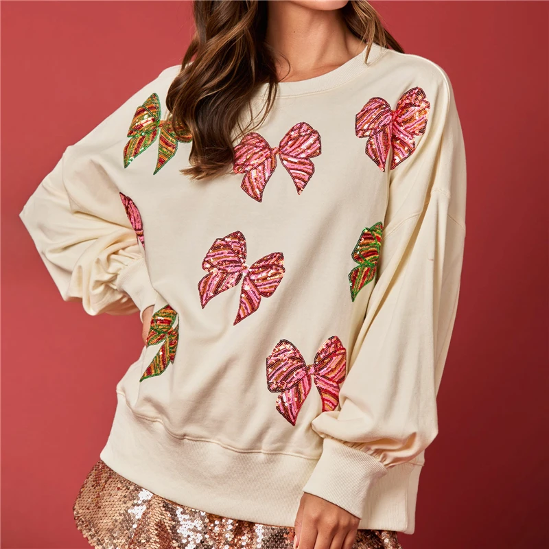 Women's Fashion Sequins Oversized Sweatshirt Bow Print Drop Shoulder Long Balloon Sleeve Round Neck Casual Autumn Tops