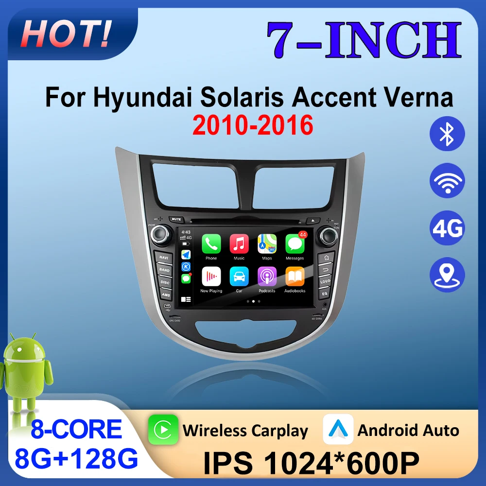 Android 16 Autoradio Carplay For Hyundai Solaris Accent Verna 2010-2016 Car Multimedia Player Audio FM GPS Navigation