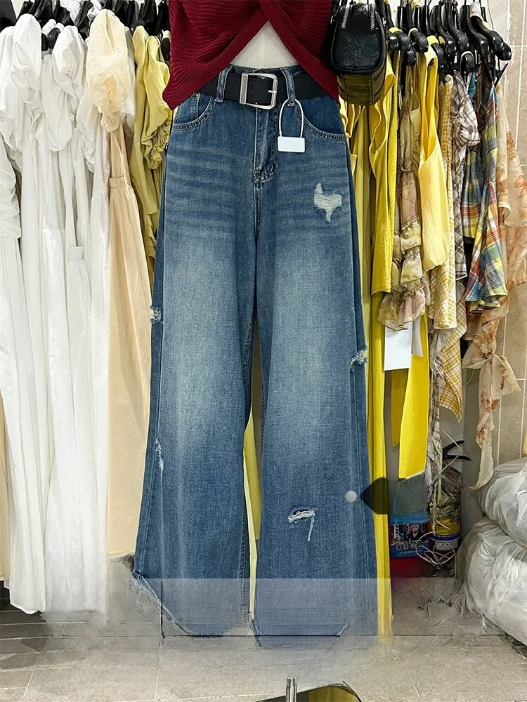 

High Waist Loose Fit Casual Denim Jeans Women's Spring Commute Slimming Wide Leg Pants Torn Hole Style Comfortable Jeans