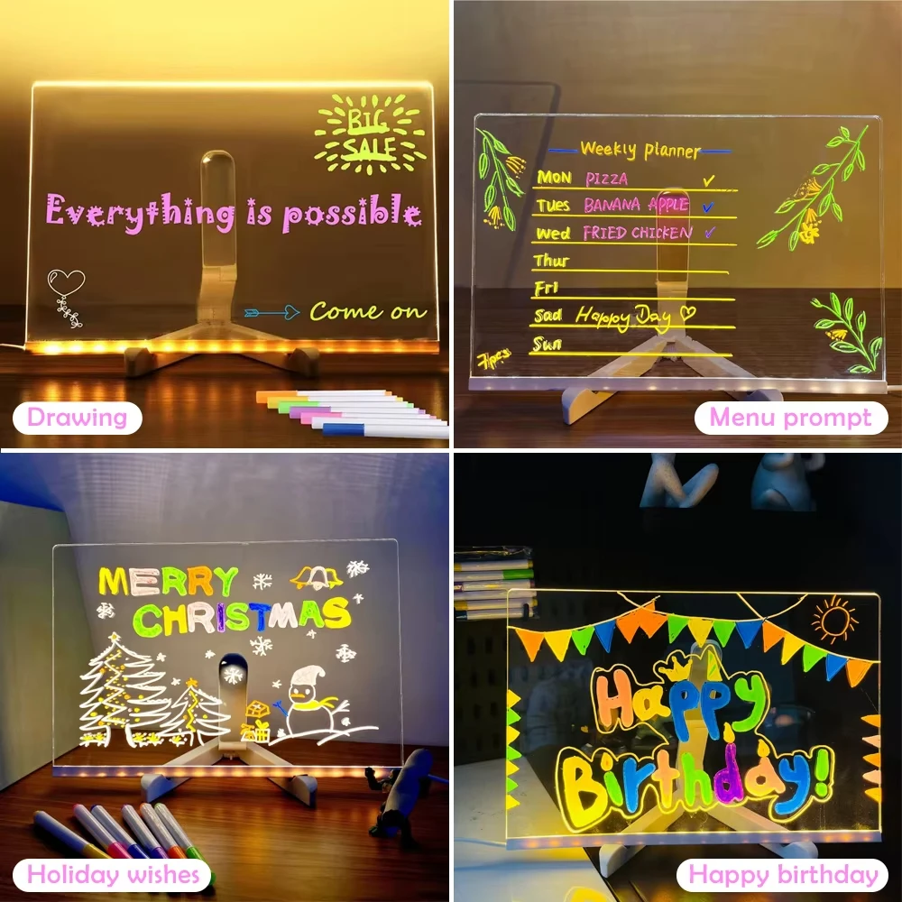 โปร่งใสส่องสว่างไฟ LED กลางคืน DIY USB Luminous อะคริลิค Night Light Erasable เขียนข้อความปฏิทินเดสก์ท็อป Ornamen