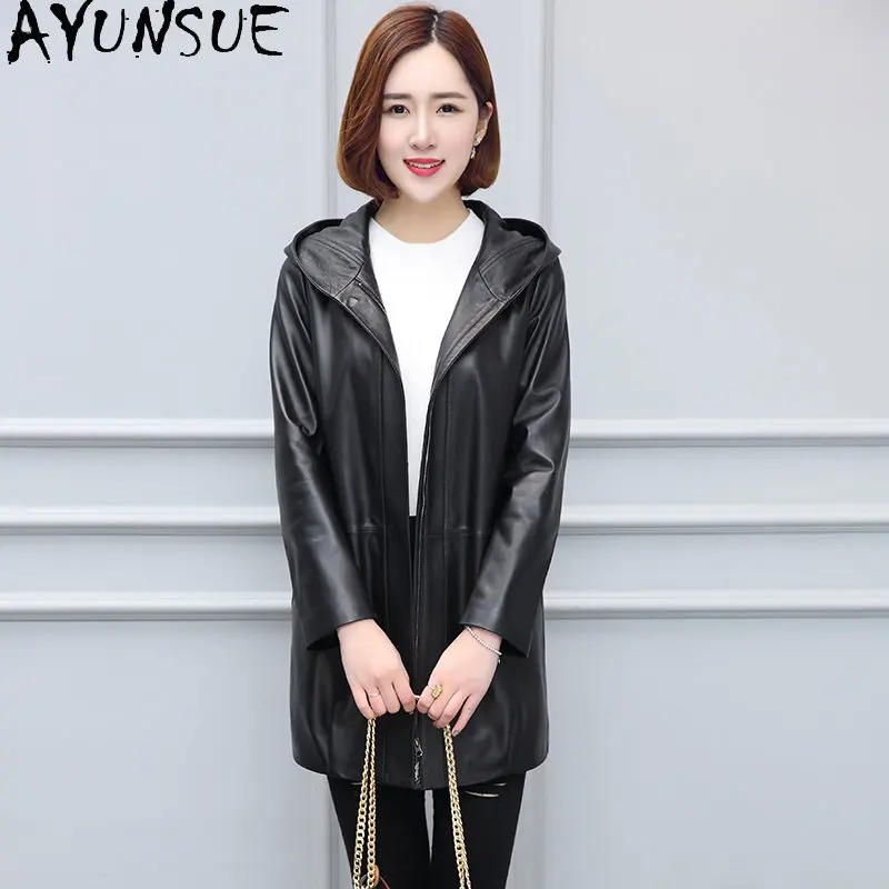 AYUNSUE New Genuine Leather Jacket for Women Hooded Sheepskin Coat Women Black Leather Jackets Trench Coats Chaqueta Cuero Mujer