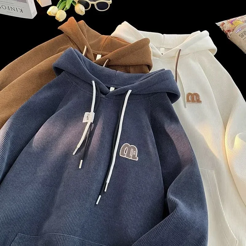 New Vintage Embroidered Corduroy Hooded Sweatshirts Men Autumn Oversized Casual Pullover Hoodies Y2K Streetwear Hoody Clothes