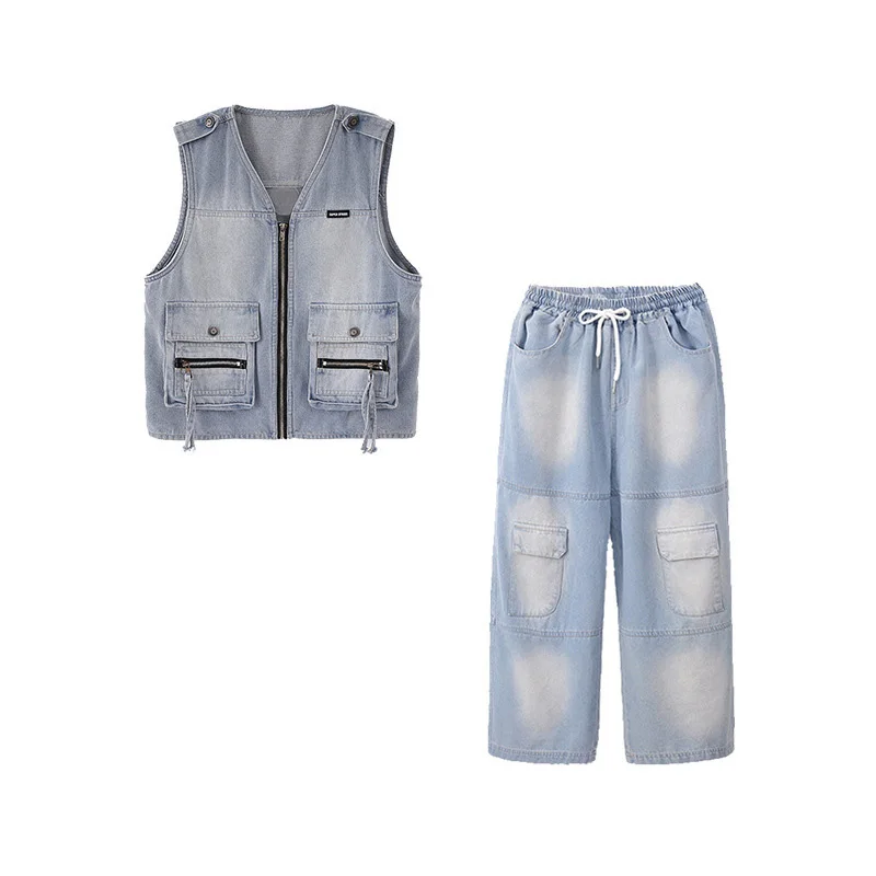 Hip hop meninos camiseta retro denim colete rasgado jeans meninas streetwear calças de carga crianças roupas de dança rua crianças traje palco