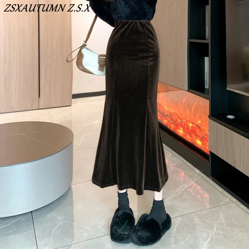 Canary Skirt Women Velvet High-waisted Solid Color Suede Warm Hip-wrapped Fishtail Skirt Black Female Autumn Winter