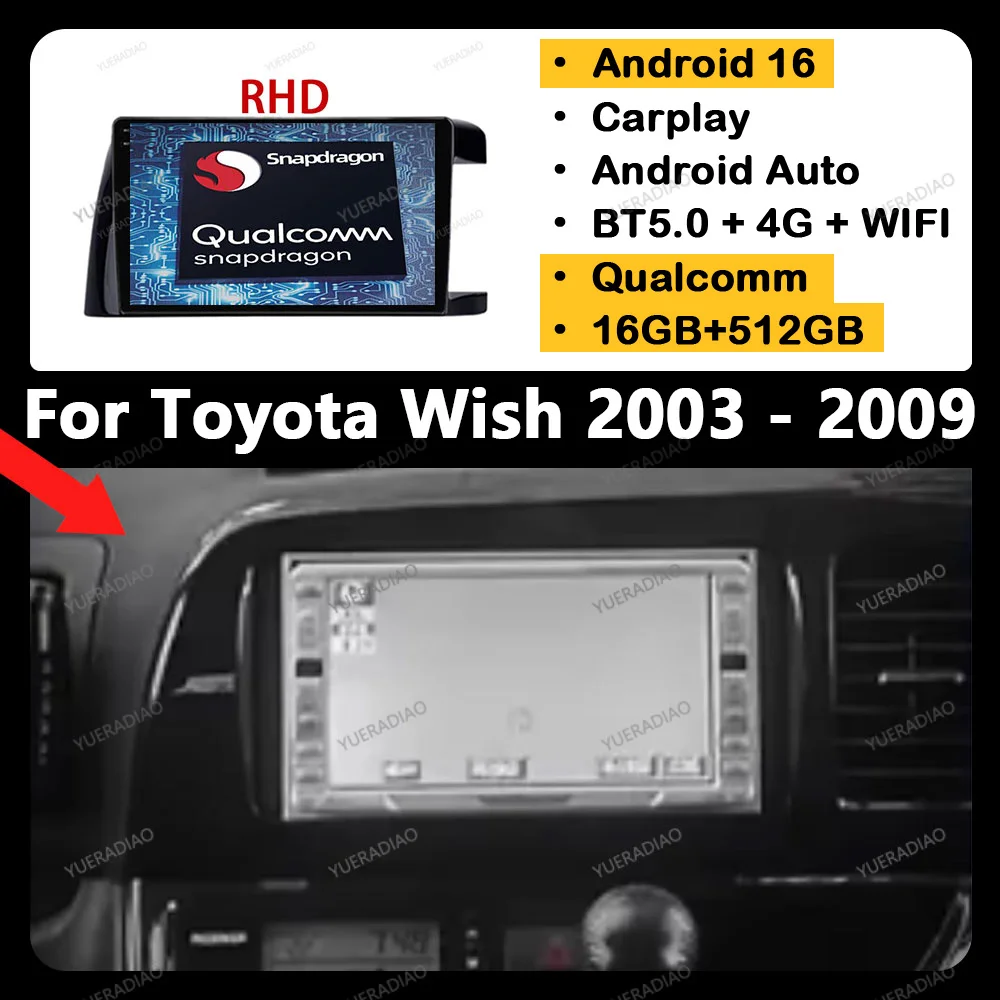 Rádio Automotivo Android 16 para Toyota Wish XE10 2003 - 2009 QLED 4G WIFI GPS NAVI Reprodutor Multimídia de Vídeo 2DIN Unidade Principal Qualcomm BT