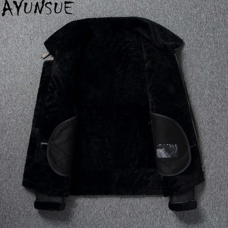 AYUNSUE Genuine Leather Jacket Winter Large Mens Clothing Natural Sheepskin Fur Coats Black Bomber Jacket Jaqueta Masculina