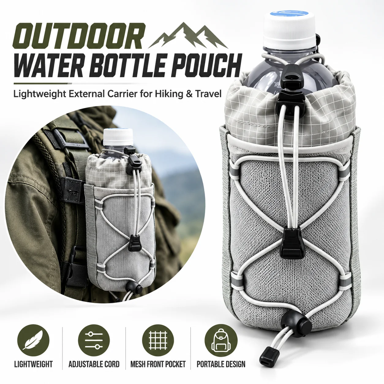 Outdoor Water Bottle Pouch Lightweight Drawstring Carrier Bag Portable Bottle Holder for Hiking Camping Travel Adventure Gear
