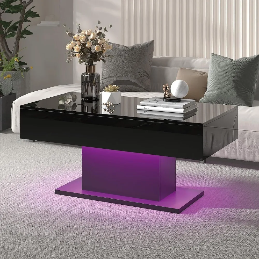led coffee table for living room, living room table rectangular center table, modern high glossy wooden coffee tables with 16 co