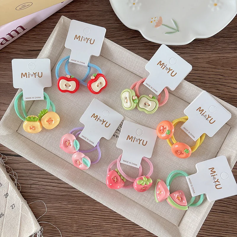 

2pcs Fruits Rubber Bands Cute Cartoon Girls Ponytail Holder Elastic Hair Bands Children's Hair Rope Ties Kids Hair Accessories