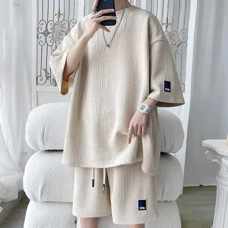 

Костюм, комплекты спортивной одежды, мужские летние рубашки, шорты, топы для молодежи, шорты с короткими рукавами, комплект из двух предметов, повседневная одежда, веревка с надписью