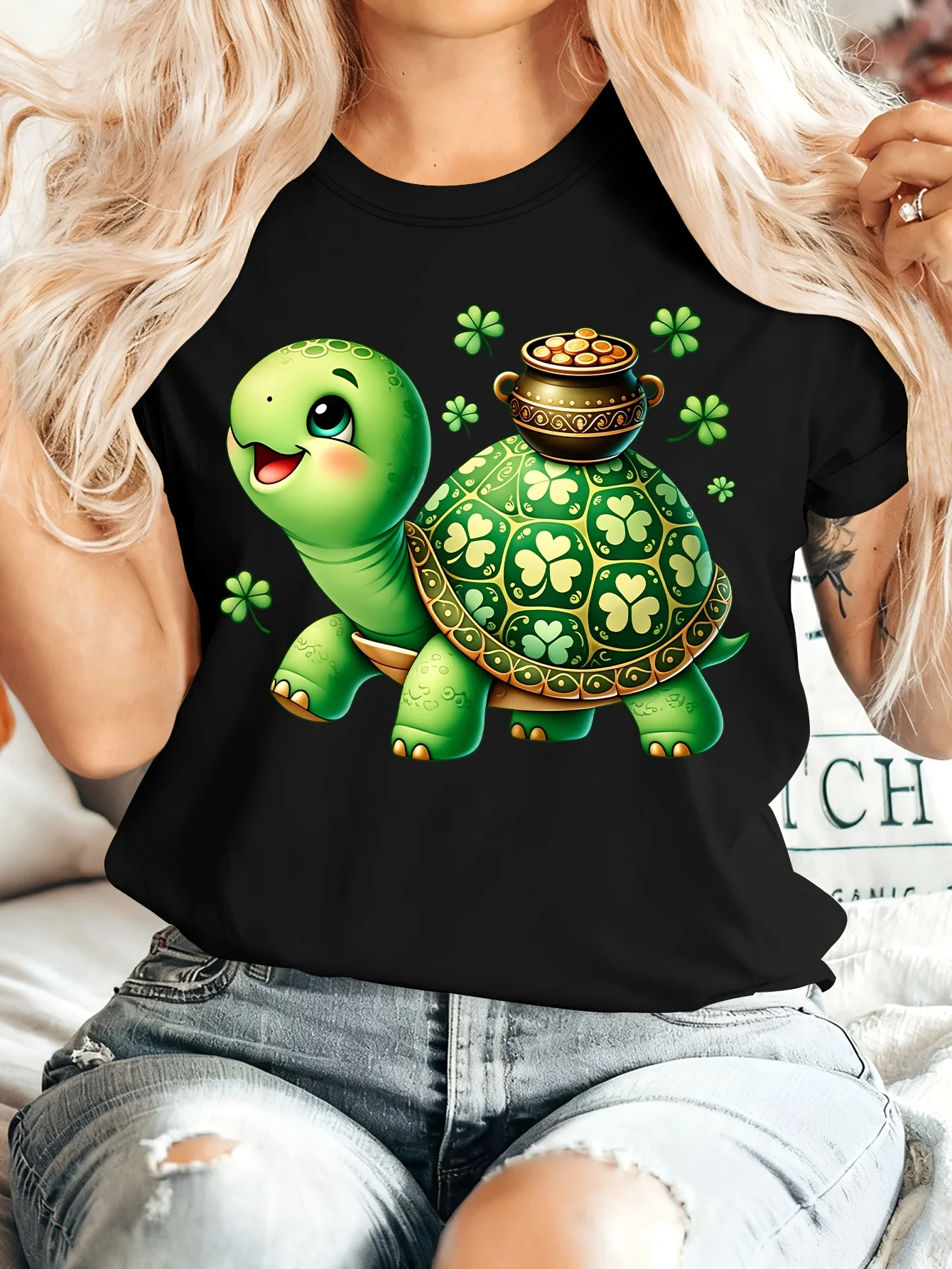 Women Crew Neck Tee St Patricks Day Turtle Clover Gold Pot Graphic Print Short Sleeve Loose Ladies Cotton Plus Size Casual Top