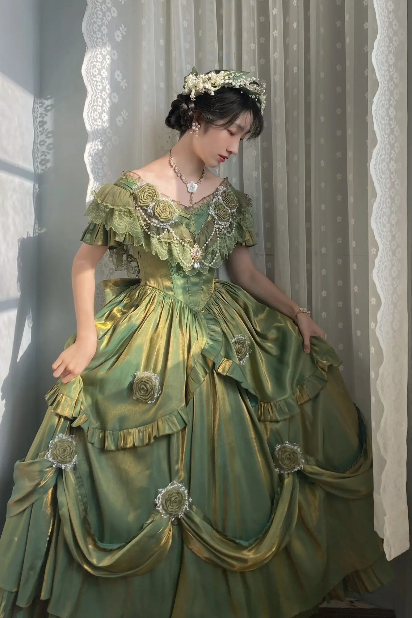 Falda Vintage con Pintura al Óleo, Falda Frutal con Estampado de Gato, Vestido Clásico con Elementos de Pintura, Vestido Verde de Princesa Lolita, Vestido Largo