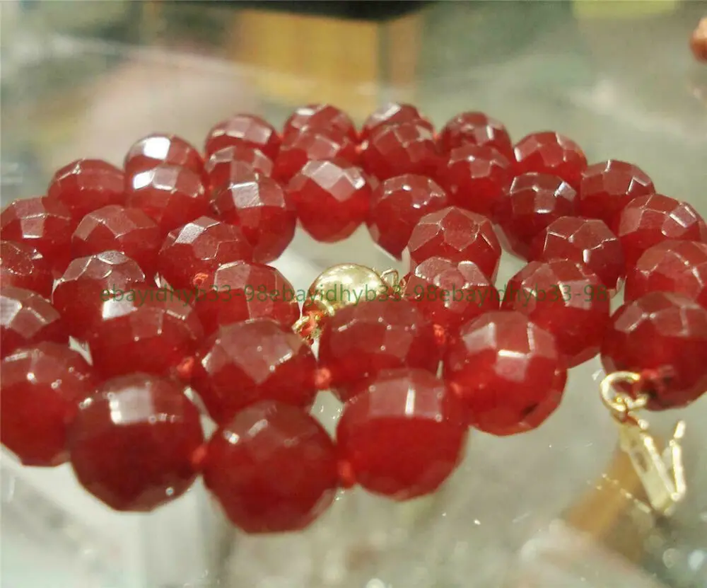 

Natural 10mm Red Jade Faceted Gemstone Round Beads Necklace 18'' AAA