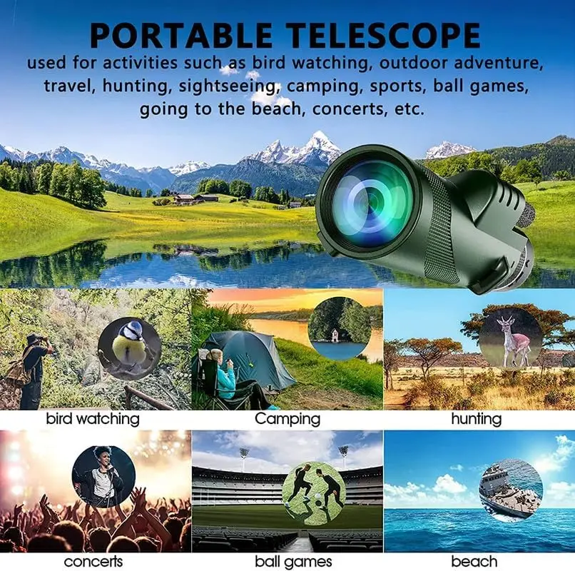 80x100 HD Monocular for Smartphone Adapter & Tripod Telescope with BAK4 Prism for Birdwatching, Hunting, Hiking, Outdoor Camping