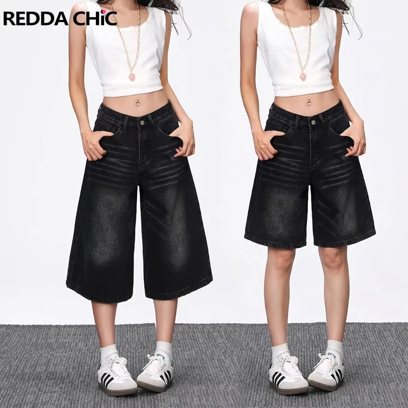 REDDACHiC Pantalones cortos de mezclilla negros sencillos para mujer, unisex, estilo Cleanfit, lavado vintage, holgados, de cintura baja, tipo Bermuda, versátiles, estilo urbano