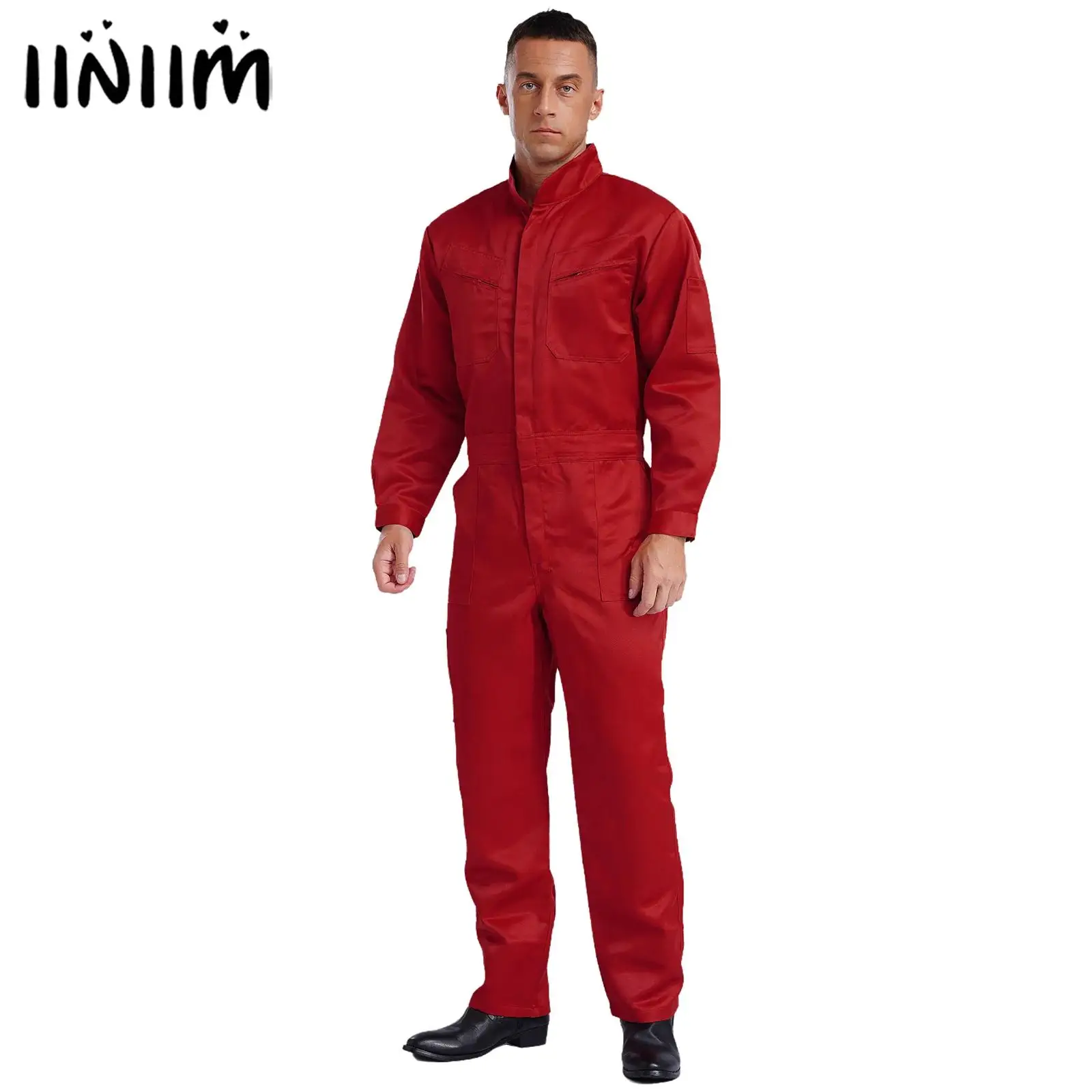 Mens 100% Cotton Overalls Bodysuit Stand Collar Long Sleeve Front Zip Multiple Pockets Work Coveralls Jumpsuit Work Uniforms