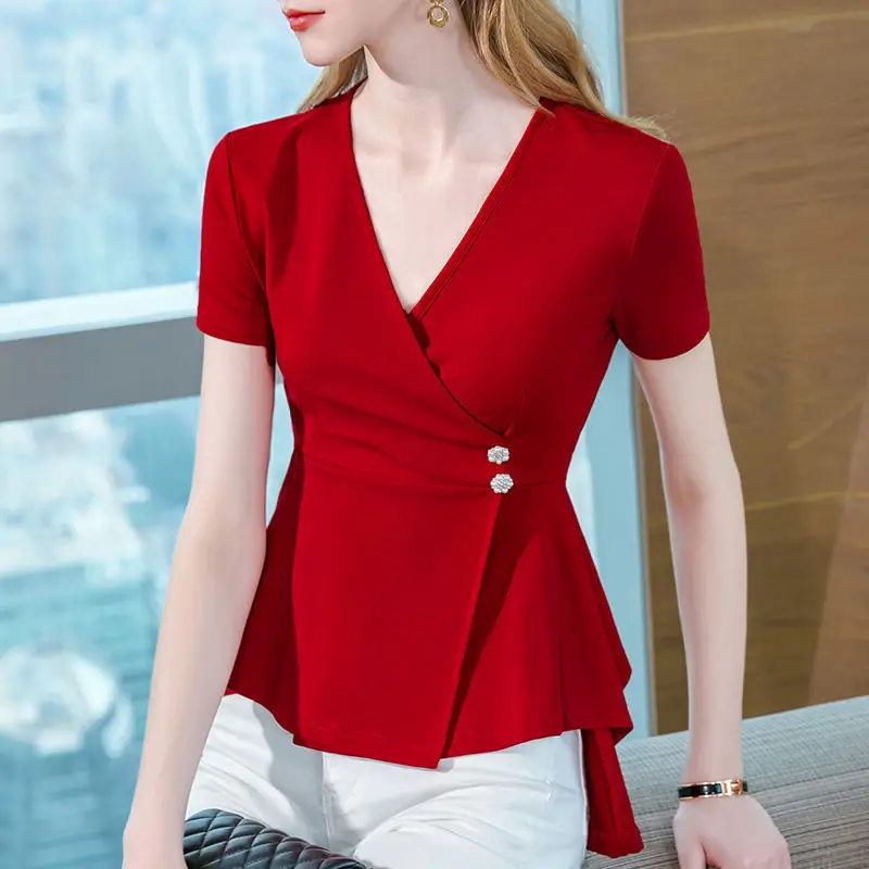 Office Lady Elegant Solid Summer Top Short Sleeve V-neck Irregular Hem T-shirt S-6XL Slim Pullover