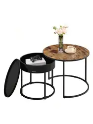 VASAGLE Round Coffee Tables, Set Of 2 Nesting Tables, Modern Round Side Tables With Hidden Storage And Top Tray, For Living R