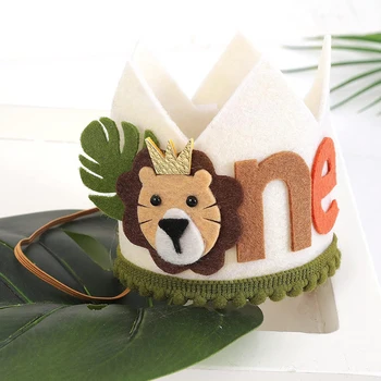 1 PC Baby Lion Felt Crown หมวกวันเกิดสําหรับหมวกวันเกิดเด็ก 1 ปีสัตว์ Jungle PARTY Baby Shower วันเกิด Photo Props