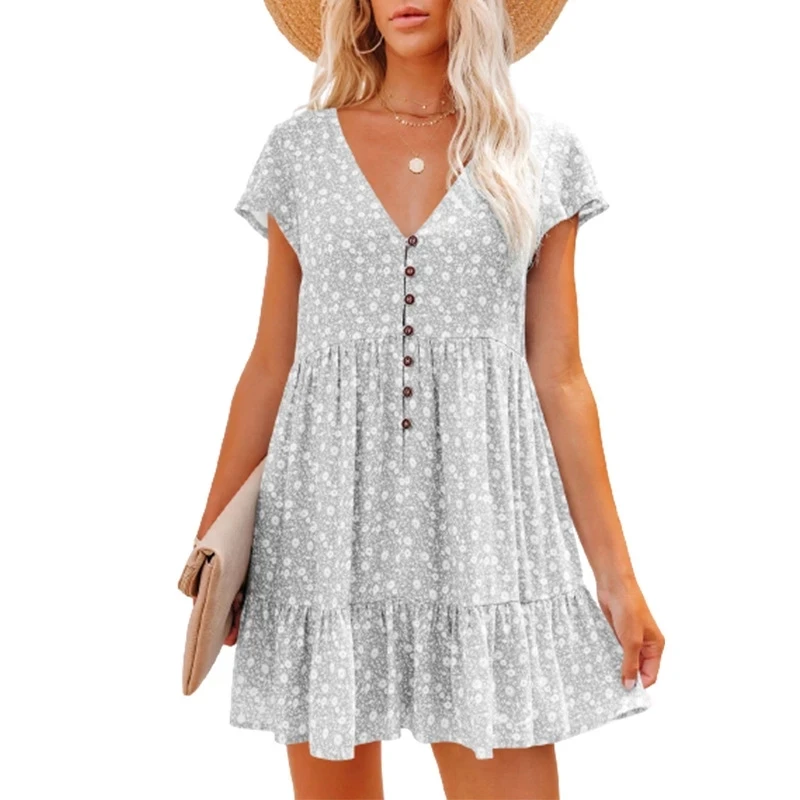 Summer Women Boho Mini Dress Sexy V-neck Short Sleeve Floral Casual Loose Chiffon Dresses 2023 Fashion Ruffles Woman Sundress