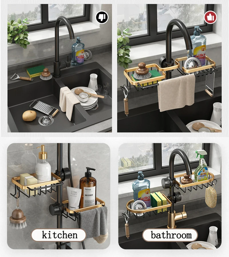 Wasserhahn Abtropfgestell für Waschbecken Set Luxus Küchenartikel Organizer Badezimmer Neu Schwarz Gold Edelstahl Rack Lagerregal – Detail 7