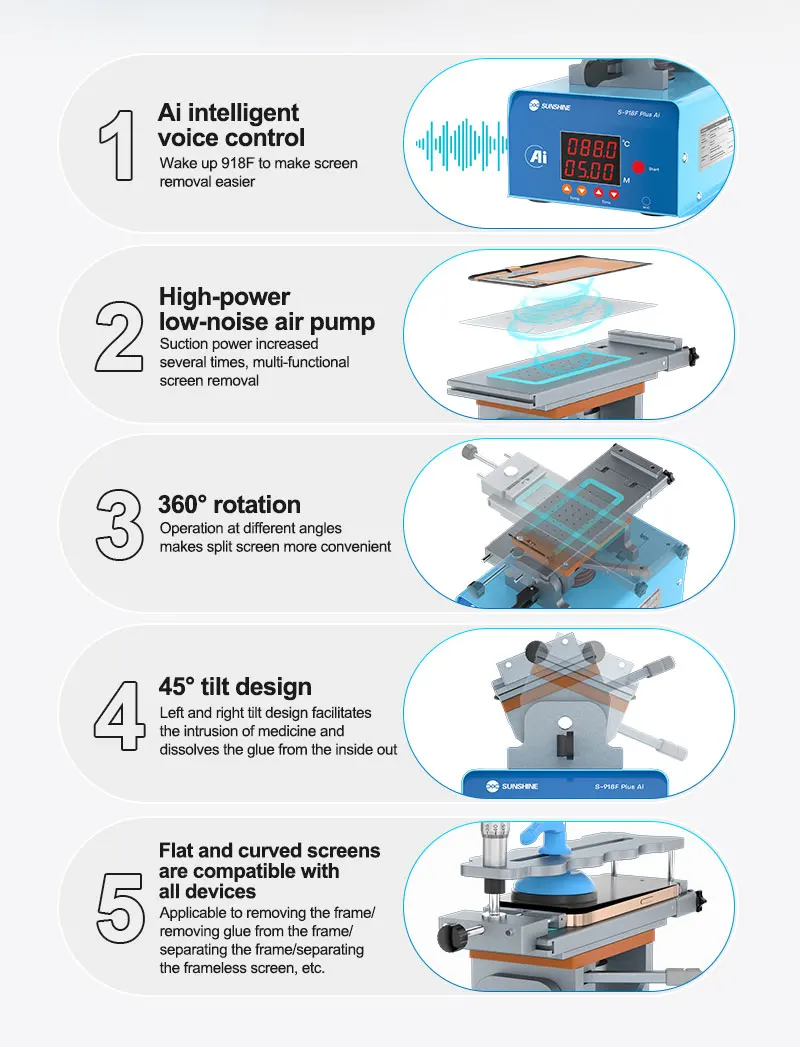 SUNSHINE S-918F Plus with AI Multi-function 5 in 1 Separation Machine for Curved and Flat Heating/Frame/Screen Removal