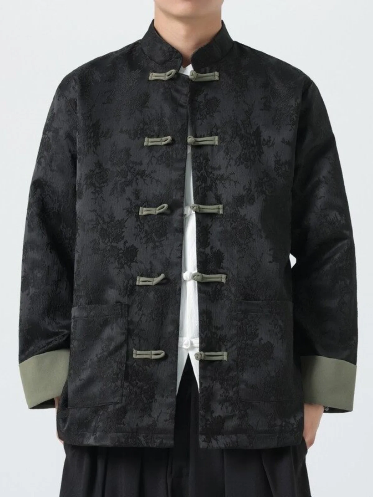 Casual Manin Collar Jaet Men's Youth Spring Autumn Sle National Trend Button Detail Silk Polyester Busin Gentleman