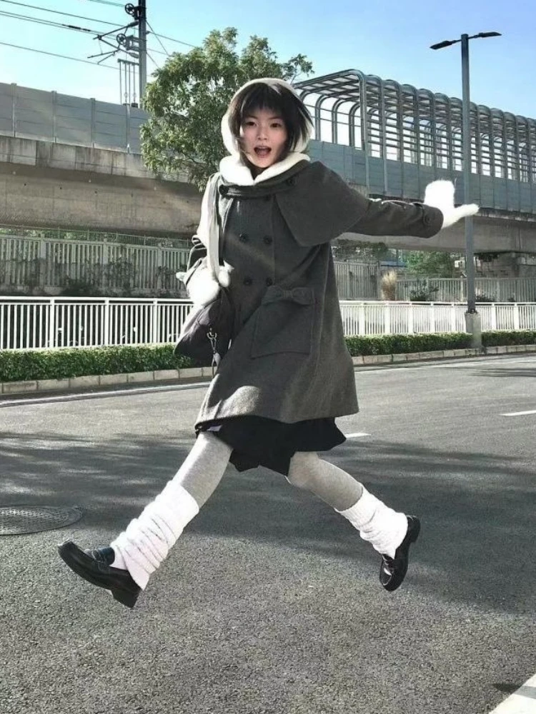 Płaszcz damski w stylu preppy, casual, vintage, luźny, szary, jesieniowy, elegancki, modny, z patchworkiem, długi rękaw, szykowny, ciepły.