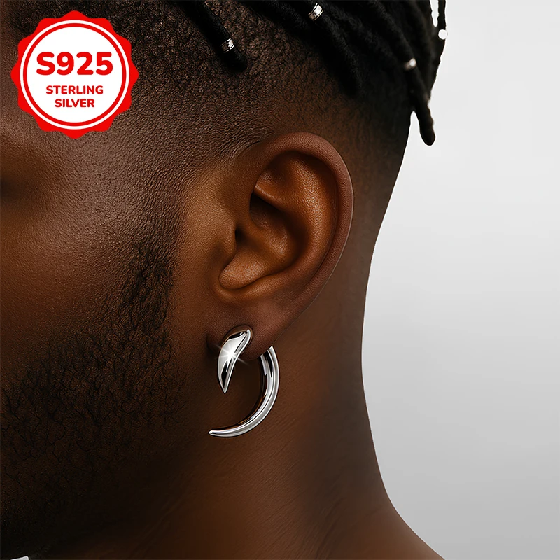 

Мужские серьги-гвоздики в форме полумесяца из стерлингового серебра 925 пробы в стиле хип-хоп, модные мужские украшения, подарок на день рождения