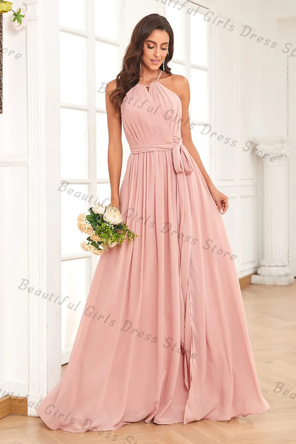 

Elegant Chiffon High Halter-neck Sleeveless Bridesmaid Dresses Pleated Corset Evening Gown Backless A-line Long Formal Prom Gown
