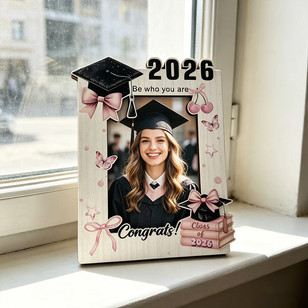 1 Pcs Class of 2026 Graduation Photo Frame - Pink Bow Wooden Keepsake - Freestanding Desk Decor for Graduates