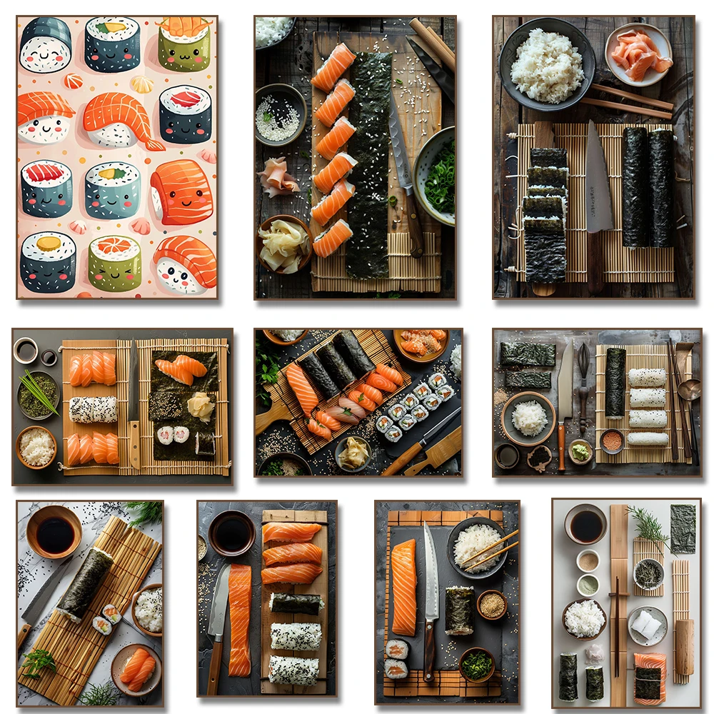 Traditional Japanese Food Poster Sushi Salmon Poster Canvas Painting Prints Art Picture Restaurant Kitchen Room Decor Gifts