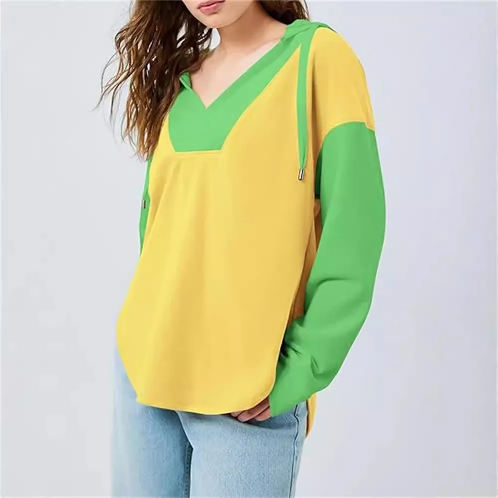 European and American Women's Color Matching Hoodie Casual V-neck Loose Sweatshirt Pullover