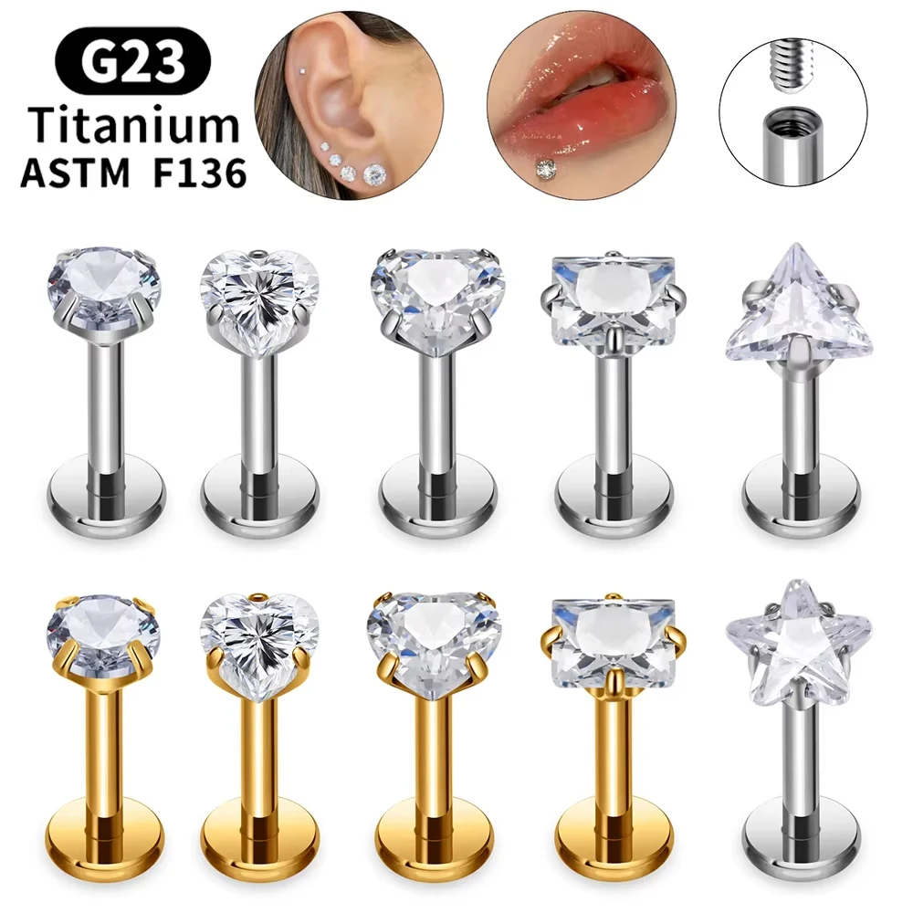 5PCS ASTM F136 Ttianium Piercing Labret Lip Stud Ring CZ 16G Internal Thread Stud Earring Ear Tragus Cartilage Helix Daith Jewel