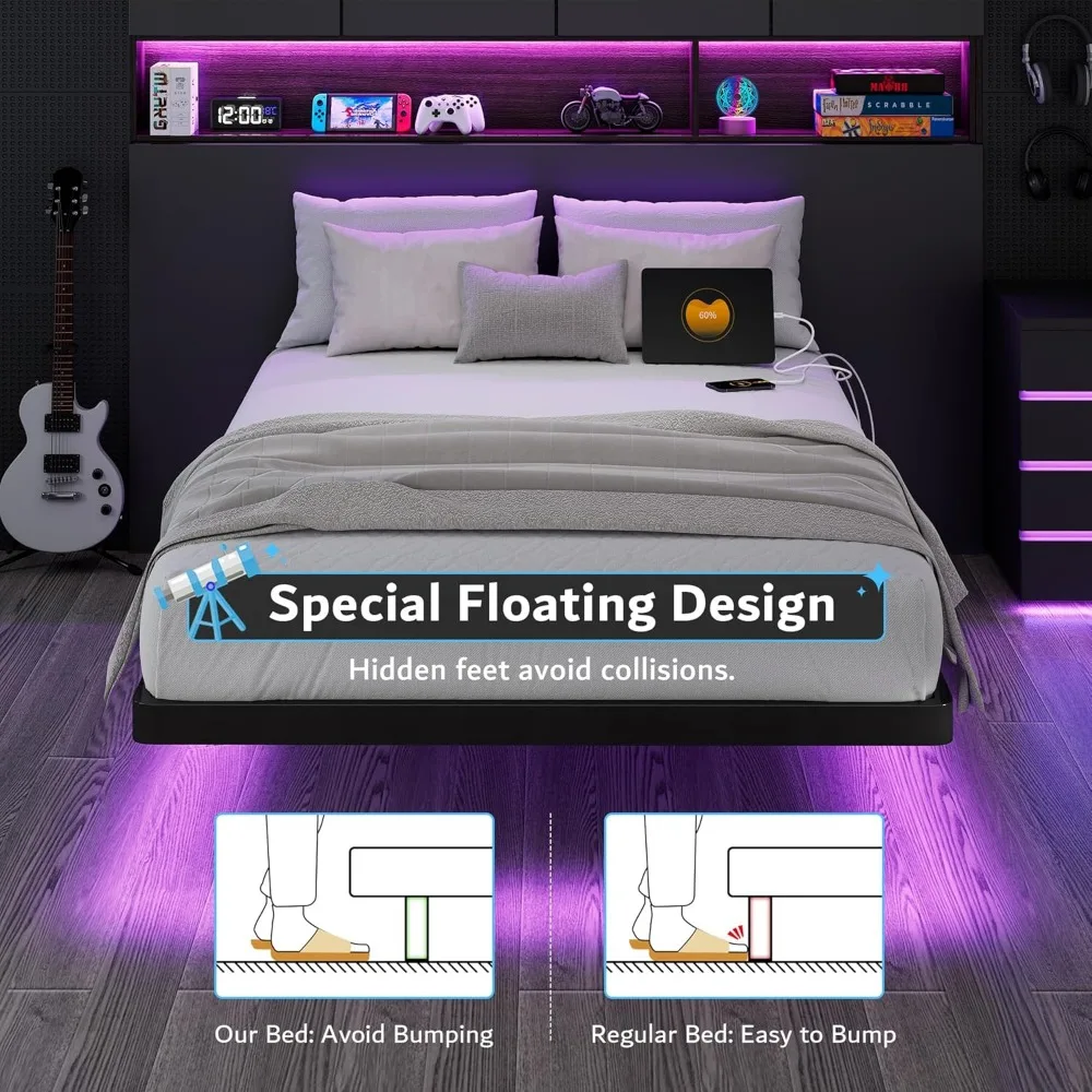 إطار سرير عائم بحجم مزدوج من iPormis مع قاعدة شحن وإضاءة LED، إطار سرير بمنصة معدنية مع شرائح فولاذية شديدة التحمل S #5