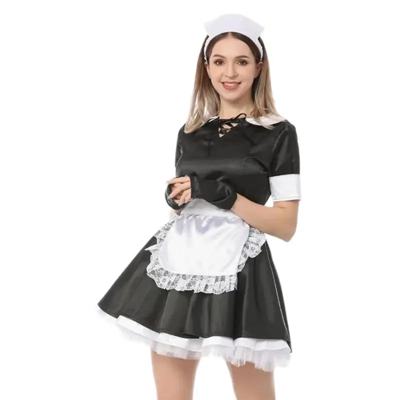 

French Sexy Adult Custom Fetish Cross Dressing Sissy Cute Doll Neck Strap with Gloves Black and White Patchwork Dress