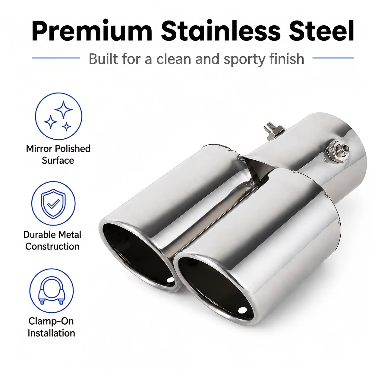 63.5mm Stainless Steel Dual Exit Exhaust Tail Tip Silver, Bolt-On Slant Mouth Straight Through Muffler End Pipe Auto Exhaust Mod